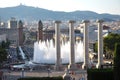 The National Palace in Barcelona by night with cascade fountains view illuminated with lights.