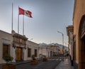 Street of Arequipa and Peruvian Flag - Arequipa, Peru
