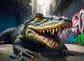 A street art of a crocodile in graffiti style, adorning a city street. Ideal for urban art, street culture, and creative