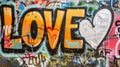 Street art featuring the word LOVE in vibrant colors on backdrop of graffiti Royalty Free Stock Photo