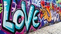 Street art featuring the word LOVE in vibrant colors on backdrop of graffiti Royalty Free Stock Photo