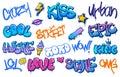 Street art lettering. Crazy urban graffiti, streets culture spray inscription and cool teenage wall scribble vector set