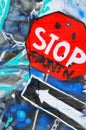Street art Montreal tag one way and stop sign Royalty Free Stock Photo