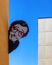 Street art, spectacled face painted on plywood looks around the corner