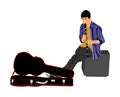 Street artist musician boy playing on the clarinet, vector illustration. Street music performer with flute, clarinet isolated. Royalty Free Stock Photo