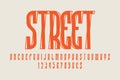 Street artistic display font. Stylish orange letters, numbers and currency signs. Isolated vector english alphabet