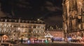 Street atmosphere at night on Notre Dame Cathedral Square where Christmas markets were installed - Strasbourg Royalty Free Stock Photo