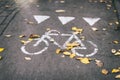 Street autumn path in the city, leaf fall, leaves on the sidewalk, bicycle, road sign Royalty Free Stock Photo