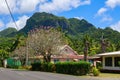 A street in Avarua, Rarotonga, with a view of the mountains