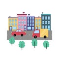 Street background with city buildings, cars and trees. Cute town concept