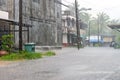 Street of Bang Muang town at heavy rain