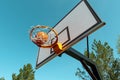 Street basketball ball falling into the hoop