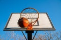 Street basketball ball falling into the hoop. Urban youth game. Close up of orange ball above the hoop net. Concept of success, Royalty Free Stock Photo