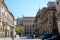 Street with beautiful historic buildings in eclectic architecture style in old town in Bucharest, Romania, on July 9, 2023 Royalty Free Stock Photo