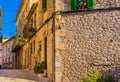 Majorca, street at the old village of Valldemossa with typical mediterranean houses Royalty Free Stock Photo