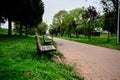 Street bench made of wood existing in public park