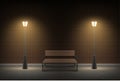 Street bench night with two lantern outdoor building brick wall at darkness realistic vector