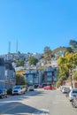 Street with bicycle lane and double yellow lanes in the suburbs of San Francisco, CA