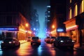 Street of a big city at night with light advertising, skyscrapers, cars and pedestrians in the lights, made with generative AI Royalty Free Stock Photo