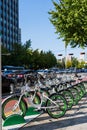 Seoul,South Korea-October 2019:Street bike parking. Street bicycle rack for rental in Seoul, South Korea