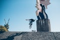 Street biker with a bike practicing free style and jumping at t Royalty Free Stock Photo