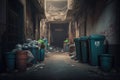 street bins with overflowing garbage in city's dirty alley