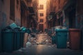 street bins with overflowing garbage in city's dirty alley