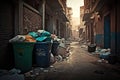 street bins with overflowing garbage in city's dirty alley