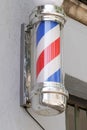 Street blue white red sign pole board logo for barbershop