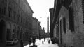 street of Bologna with Tower on the bottom. Black and white photos