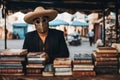 Street book seller A Mexican man in glasses and a mask sells old books at a street market. AI generated