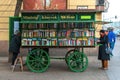Street bookstore cart kiosk sale on wheel at Pest district where peoples buying new and used books