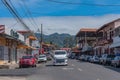 Street in Boquete with cars and pedestrians in the center of the city