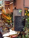 Street boutique selling beverages, fruits and vegetables, Taormina, Sicily, Italy