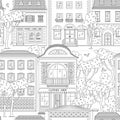 Street and building in city seamless pattern. Shops and houses line art style vector black white illustration background Royalty Free Stock Photo