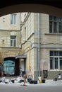 a street with a building and a street light