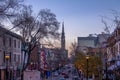 Street buildings in downtown on a purple sunset - Montreal, Quebec, Canada