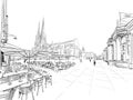 Street cafe on the background of the basilica. Bordeaux. France. Hand drawn sketch. Vector illustration.