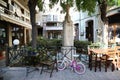 Street with a cafe and a bike in a Chios Island in Greece