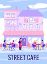 Street cafe front with people eating on open terrace, flat vector illustration.