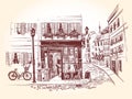 Street cafe on the corner of an old building in a french city. Bicycle next to the old cafe. Vector illustration in