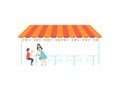 Street Cafe or Fast Food Bar under Canopy, Waitress Serving Visitor Vector Illustration