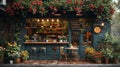 Street cafe with flowers. AI generate illustration