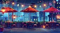 A street cafe at night in a cityscape with layers for 2D animation: tables, chairs, an umbrella, and garlands at a view