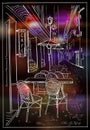 Street cafe in night old town, hand drawn graphic illustration Royalty Free Stock Photo