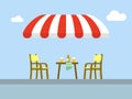 Street cafe patio flat vector illustration. Wooden table and chairs on sidewalk. Outdoor cafe seating. Royalty Free Stock Photo