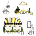 Street Cafe set. Umbrellas. Plants. Vector sketch  illustration Royalty Free Stock Photo