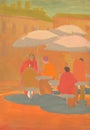 Street cafe with visitors. Tempera painting.