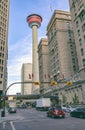 Street in Calgary downtown with the iconic Calgary Tower, Alberta, Canada