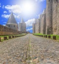 Street in Carcassone Old Town on soft sunlight